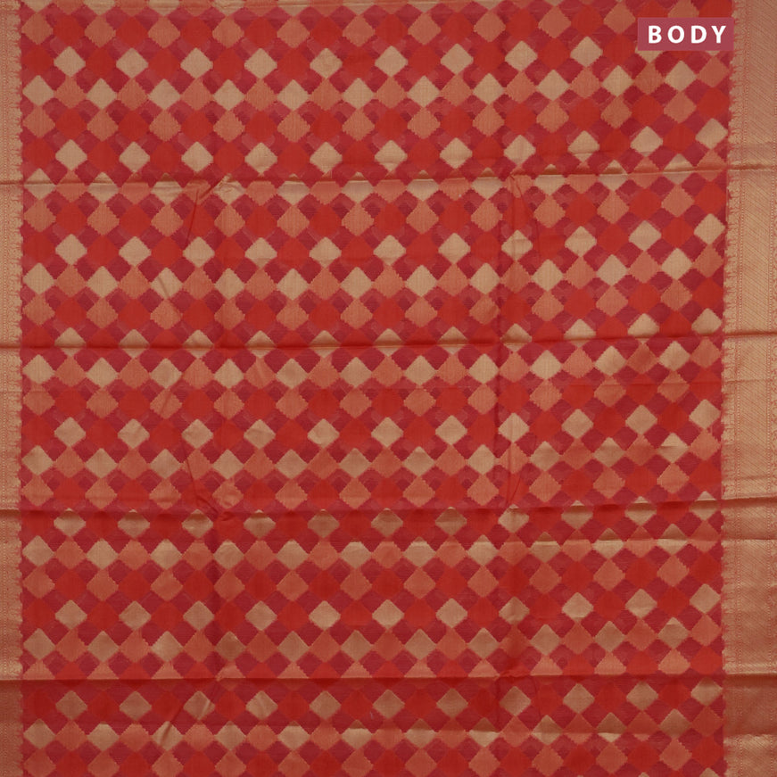Banarasi kota saree pinkish orange with allover zari woven geometric weaves and zari woven border