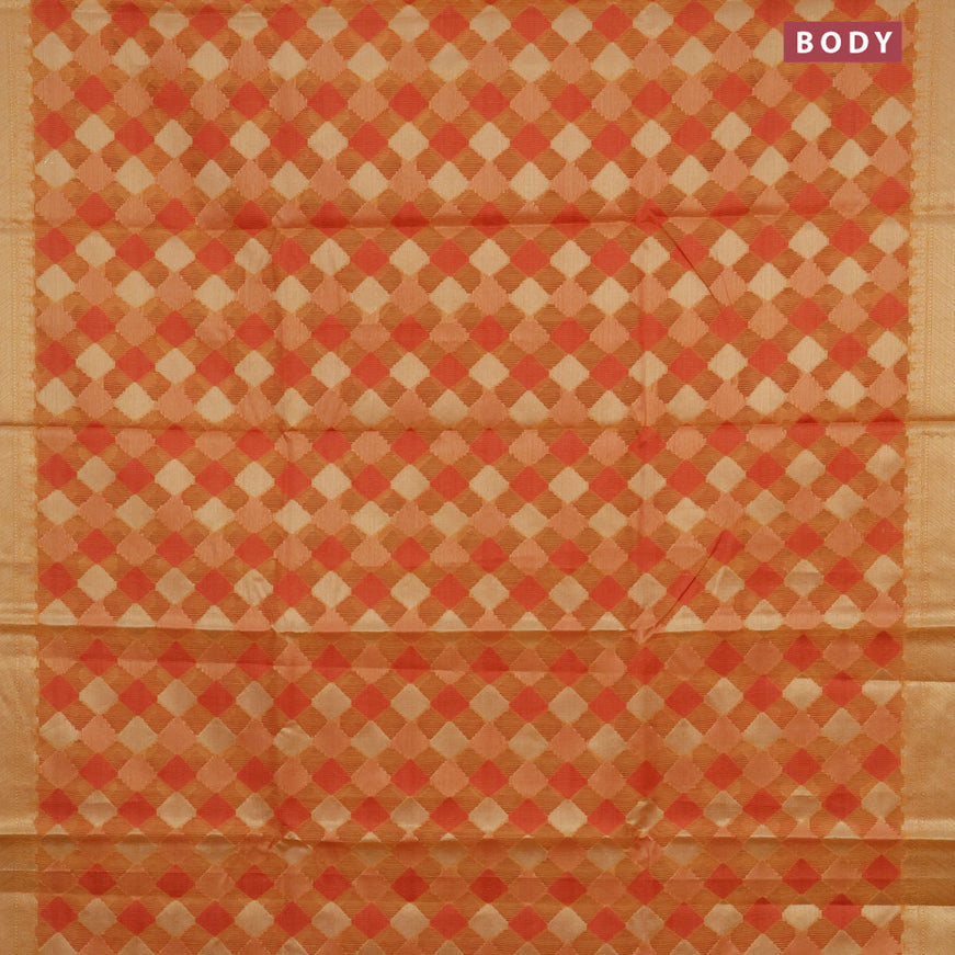 Banarasi kota saree orange and red shade with allover zari woven geometric weaves and zari woven border