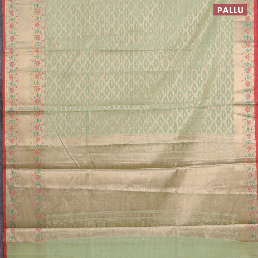 Banarasi kota saree pista green and red with allover zari woven geometric weaves and zari woven paithani design border