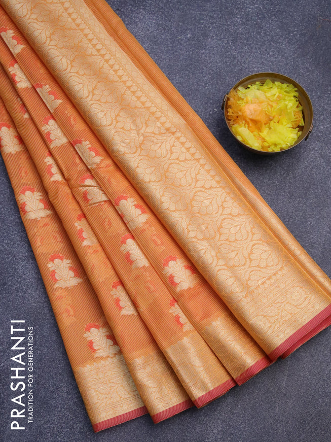 Banarasi kota saree orange and pink with thread & zari woven floral buttas and zari woven border