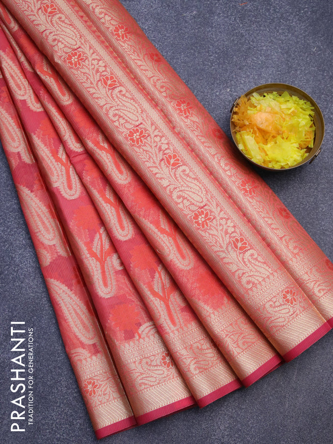Banarasi kota saree pinkish orange with allover thread & zari woven paisley weaves and zari woven border