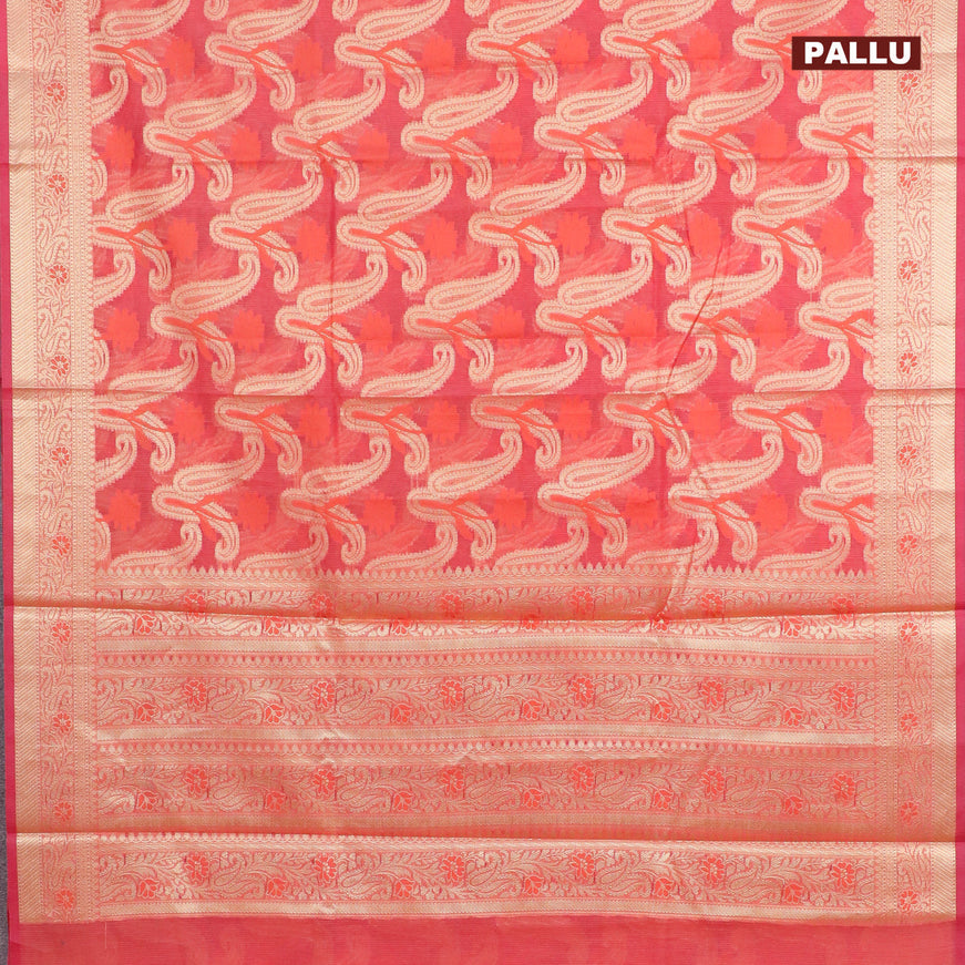 Banarasi kota saree pinkish orange with allover thread & zari woven paisley weaves and zari woven border