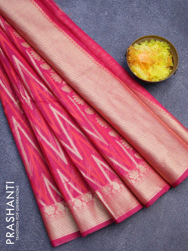 Banarasi kota saree pink with allover thread & zari woven zig zag weaves and zari woven border