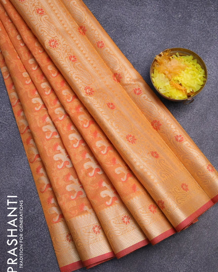 Banarasi kota saree orange and red with allover thread & zari weaves and zari woven border