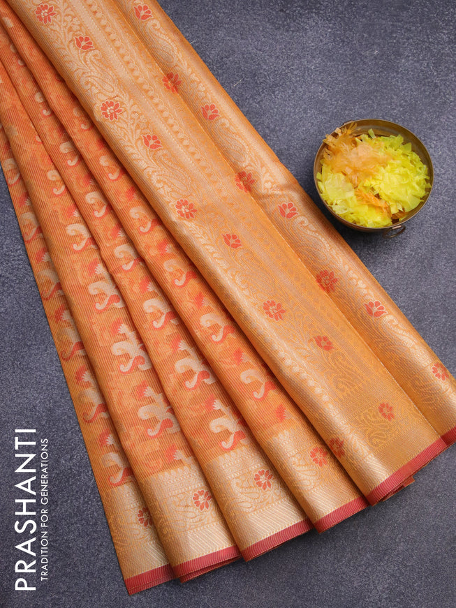 Banarasi kota saree orange and red with allover thread & zari weaves and zari woven border