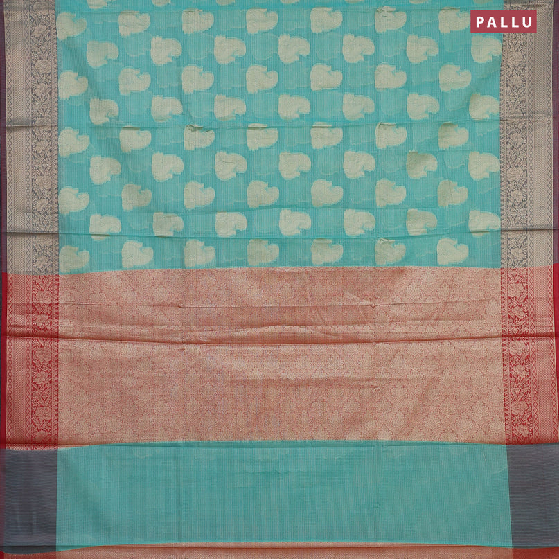 Banarasi kota saree teal blue and maroon with zari woven paisley buttas and zari woven border