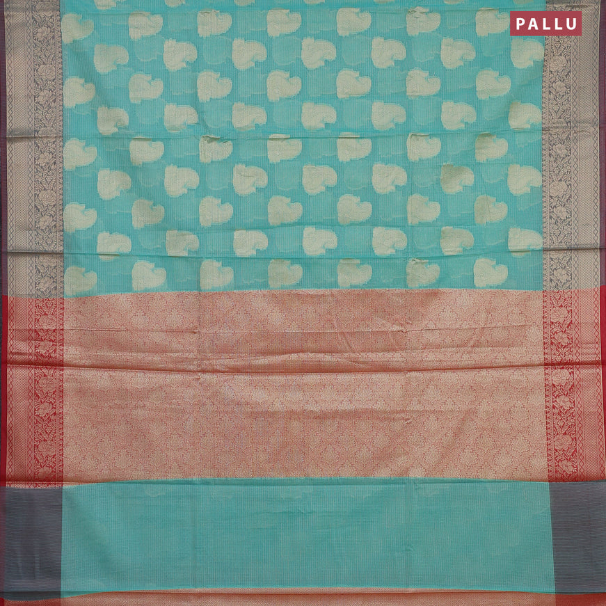 Banarasi kota saree teal blue and maroon with zari woven paisley buttas and zari woven border