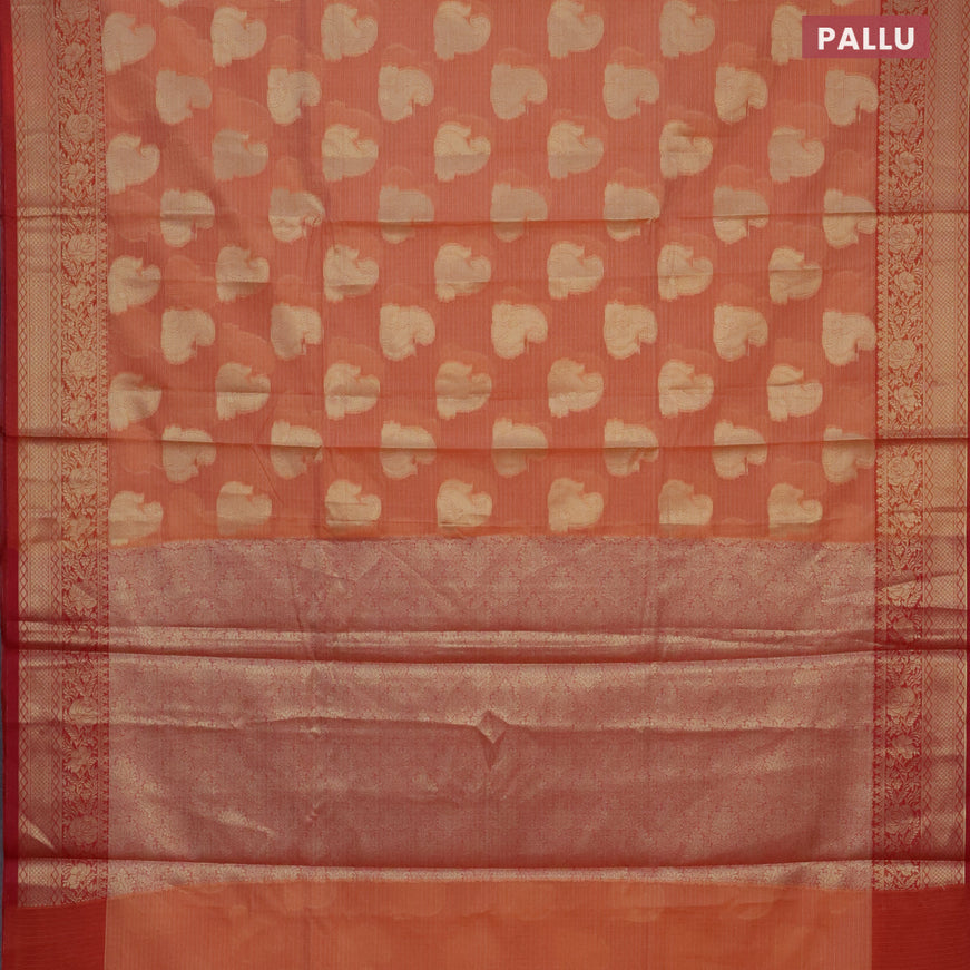 Banarasi kota saree peach orange and red with zari woven paisley buttas and zari woven border