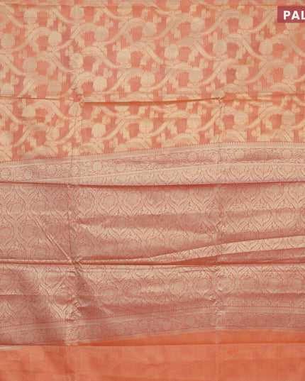 Banarasi kota saree peach orange and red with allover zari weaves and zari woven floral border