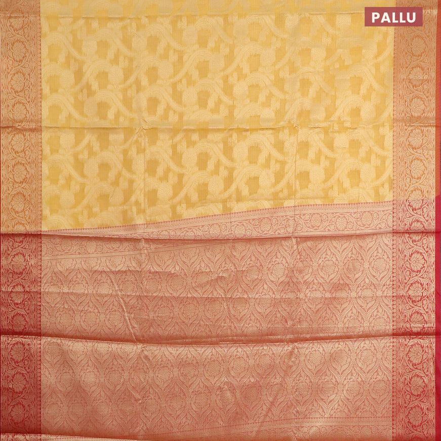 Banarasi kota saree yellow and red with allover zari weaves and zari woven floral border