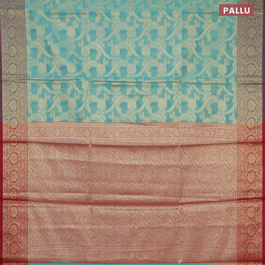 Banarasi kota saree teal blue and maroon with allover zari weaves and zari woven floral border