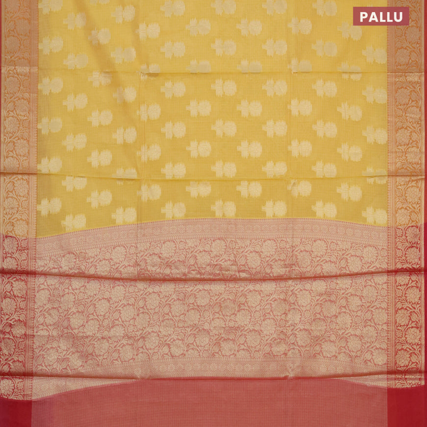Banarasi kota saree yellow and red with zari woven floral buttas and zari woven floral border