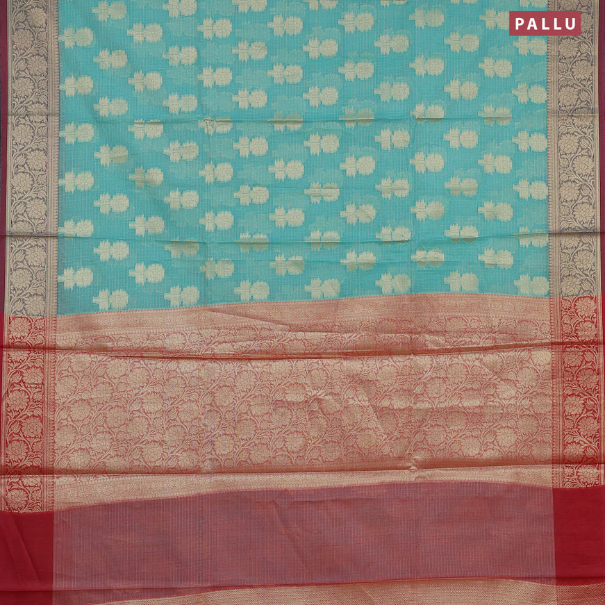 Banarasi kota saree teal blue and red with zari woven floral buttas and zari woven floral border