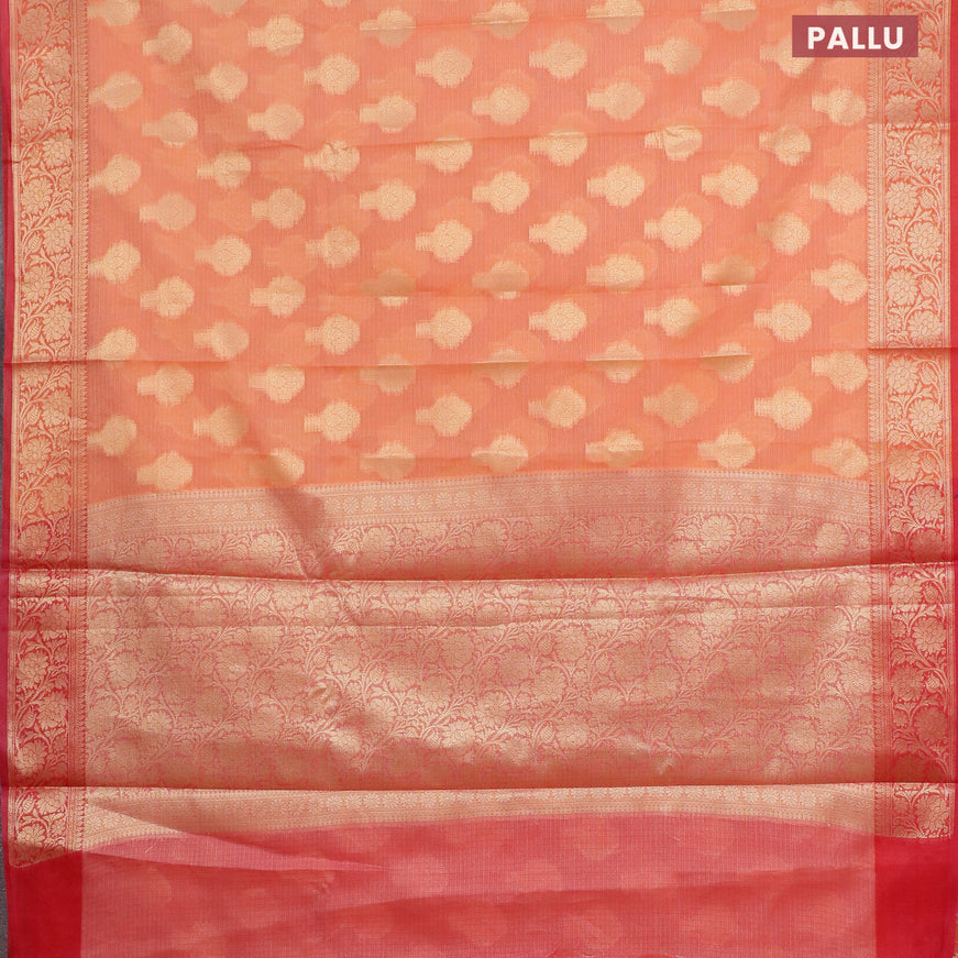 Banarasi kota saree peach orange and pink shade with zari woven buttas and zari woven border