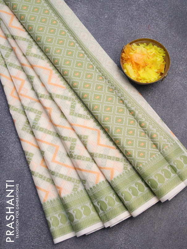 Banarasi kota saree cream and green shade with allover thread weaves and thread woven border