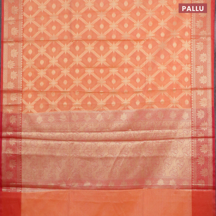 Banarasi kota saree peach orange and pink shade with allover zari weaves and zari woven border