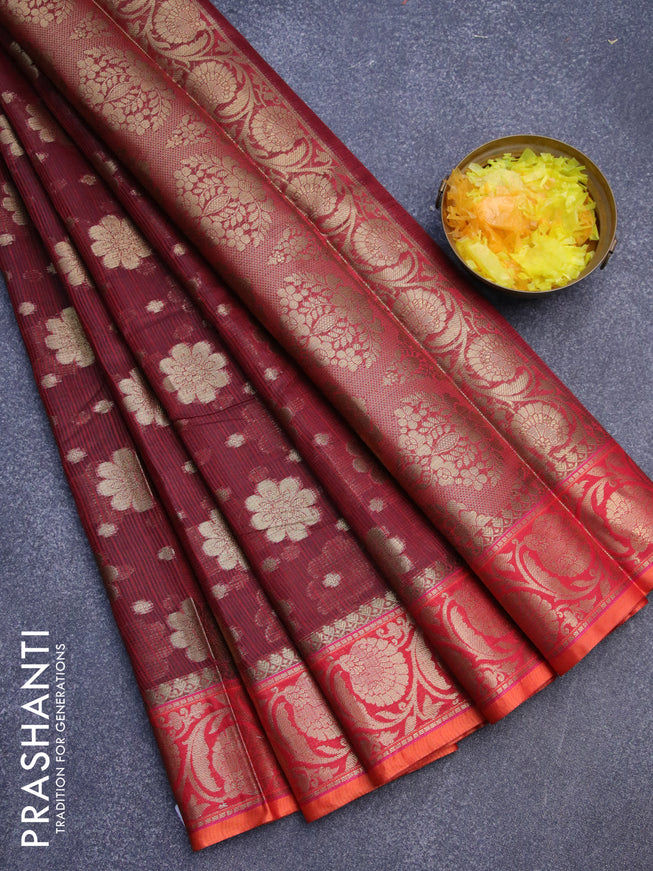 Banarasi kota saree maroon and red with zari woven floral buttas and floral zari woven border