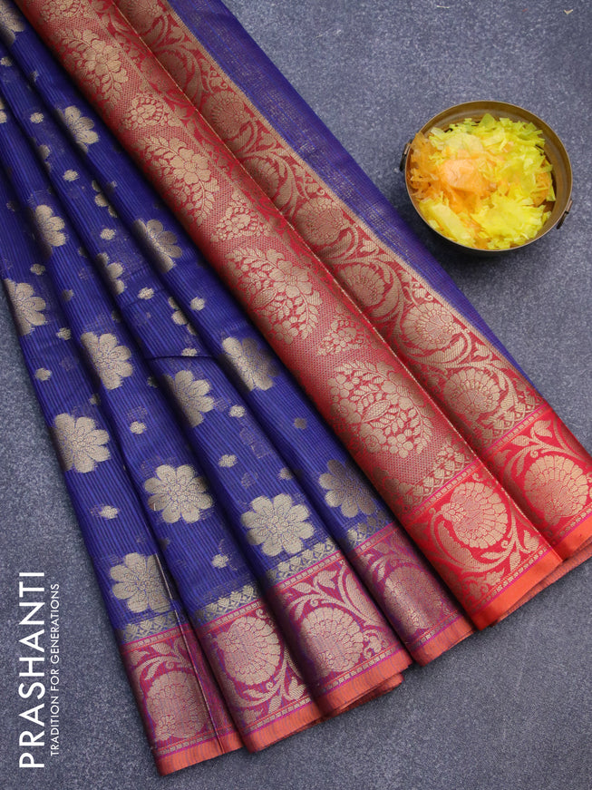 Banarasi kota saree blue and maroon with zari woven floral buttas and floral zari woven border