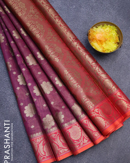 Banarasi kota saree purple and orange with zari woven floral buttas and floral zari woven border