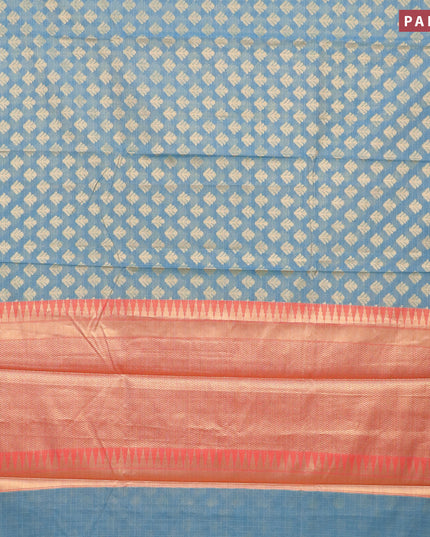 Banarasi kota saree teal blue and maroon with zari woven buttas and temple zari woven border