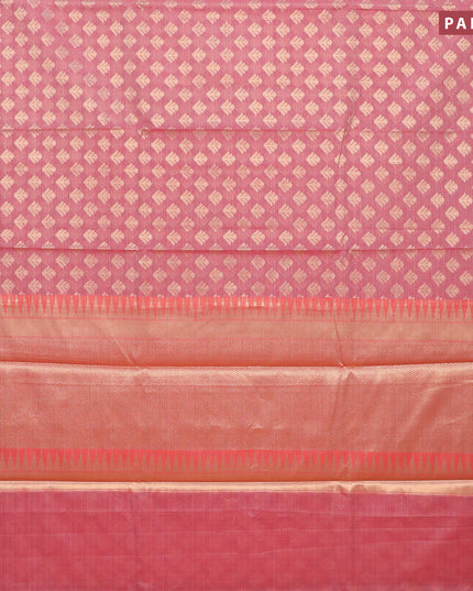 Banarasi kota saree pink shade and maroon with zari woven buttas and temple zari woven border
