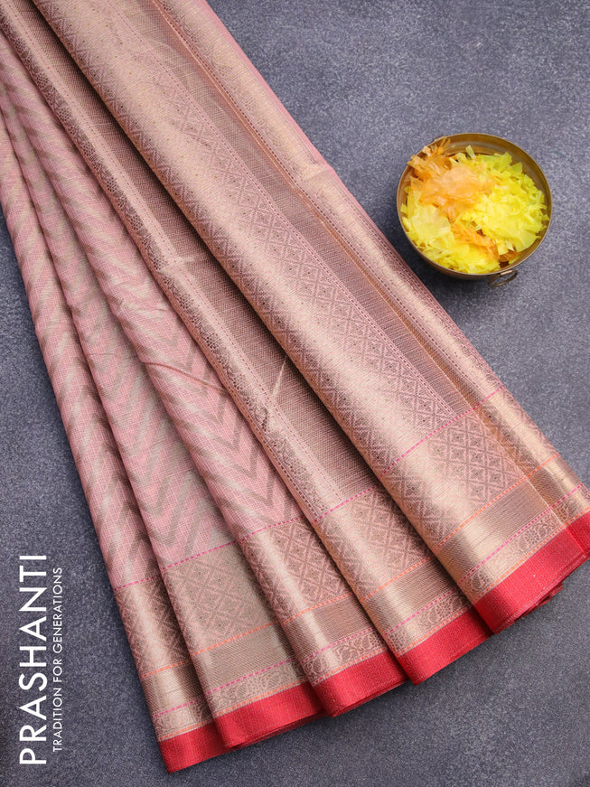 Banarasi kota saree pastel pink and maroon with allover zari woven zig zag weaves and zari woven border