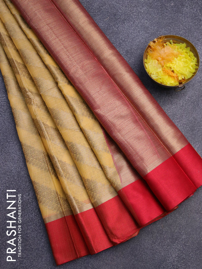 Banarasi kota saree yellow and maroon with allover zari weaves and zari woven simple border