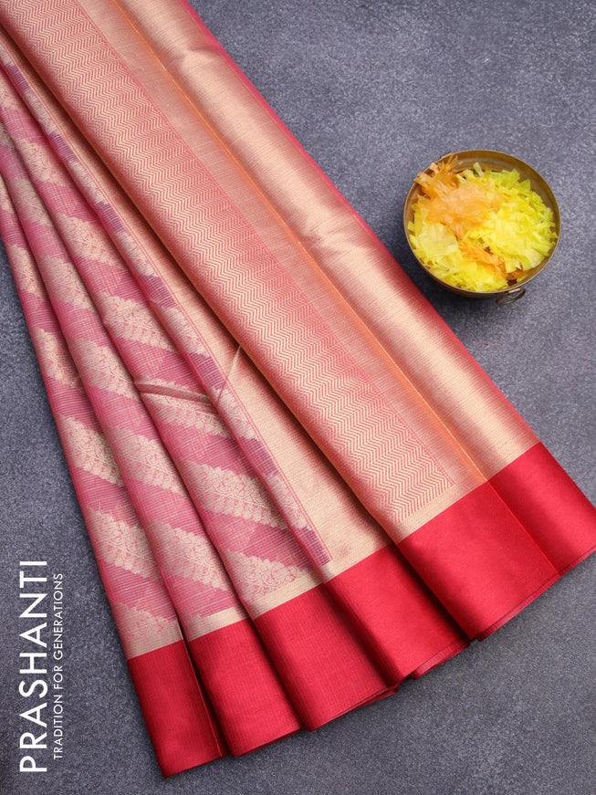 Banarasi kota saree pink shade and maroon with allover zari weaves and zari woven simple border