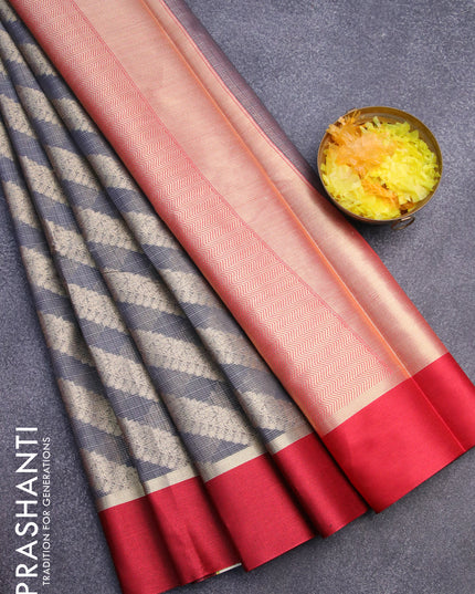 Banarasi kota saree grey and maroon with allover zari weaves and zari woven simple border