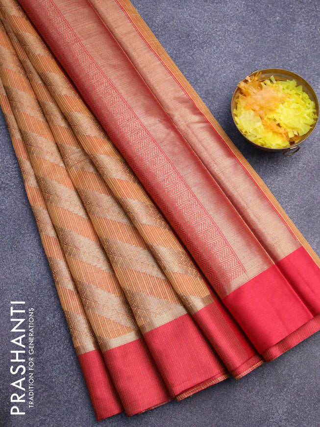 Banarasi kota saree orange and maroon with allover zari weaves and zari woven simple border