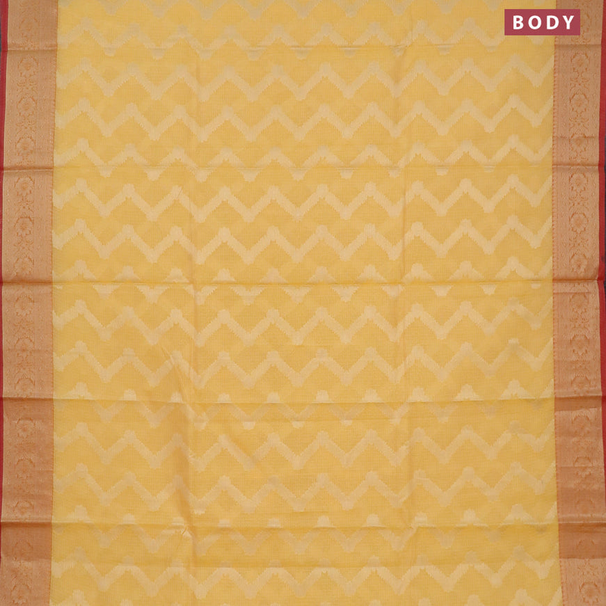 Banarasi kota saree yellow and pink with allover zari woven zig zag weaves and zari woven border