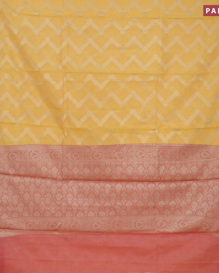 Banarasi kota saree yellow and pink with allover zari woven zig zag weaves and zari woven border