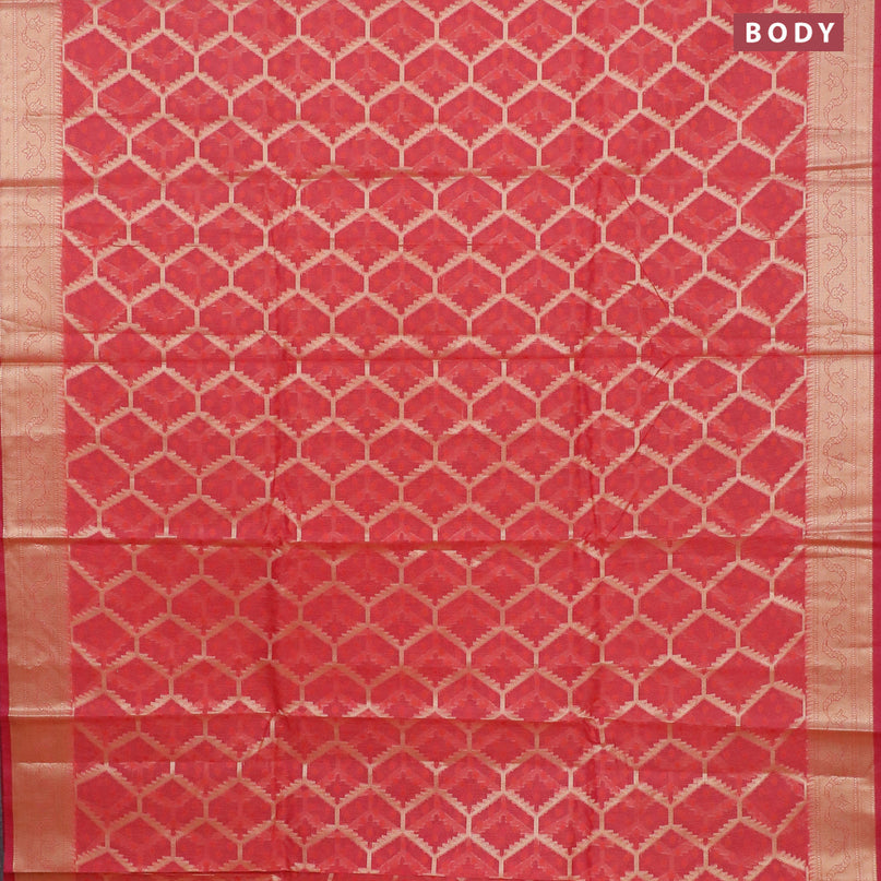 Banarasi kota saree pinkish orange and pink with allover thread & zari woven geometric weaves and zari woven border