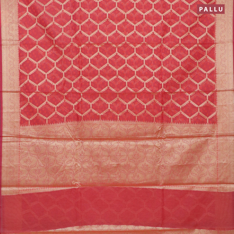 Banarasi kota saree pinkish orange and pink with allover thread & zari woven geometric weaves and zari woven border