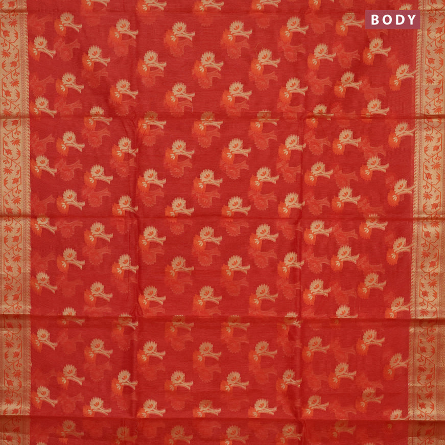 Banarasi kota saree reddish orange with thread & zari woven floral buttas and zari woven border
