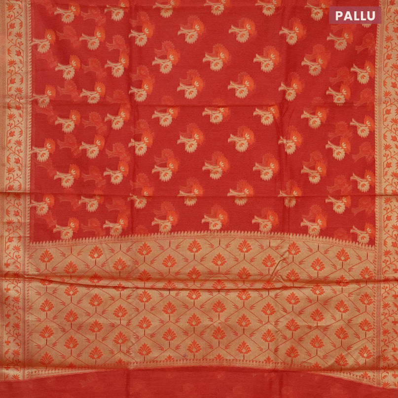 Banarasi kota saree reddish orange with thread & zari woven floral buttas and zari woven border
