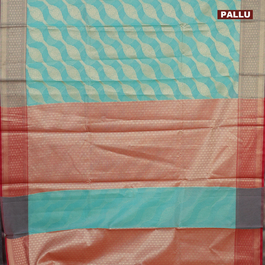 Banarasi kota saree teal blue and red with allover zari weaves and zari woven border