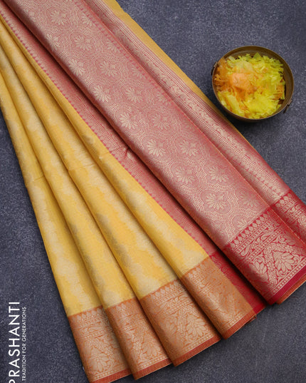 Banarasi kota saree yellow and red with allover zari weaves and zari woven border