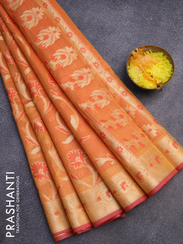Banarasi kota saree mustard yellow and red with allover thread & zari woven floral weaves and zari woven border