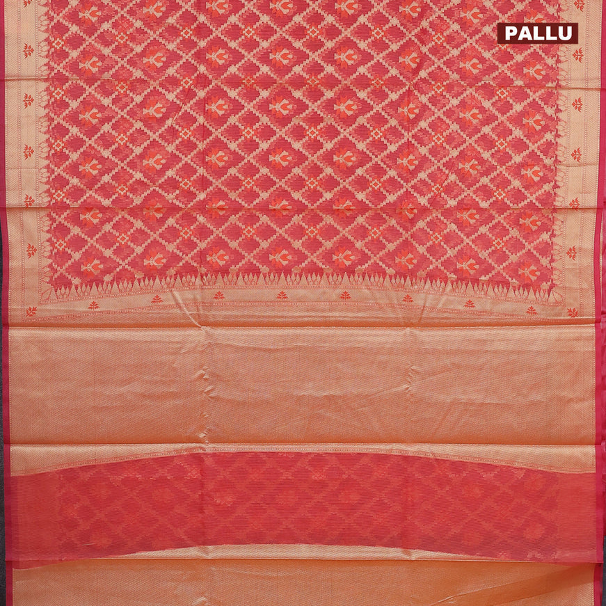 Banarasi kota saree pinkish orange with allover thread & zari woven geometric weaves and zari woven border
