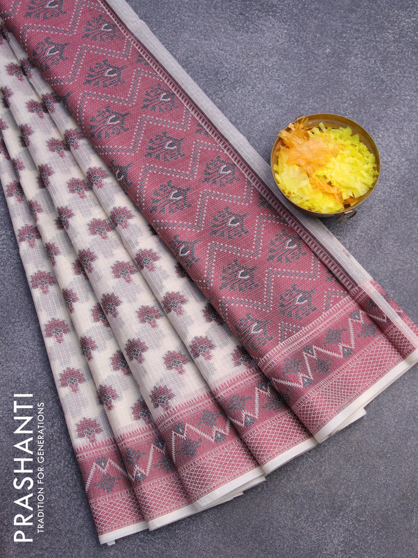 Banarasi kota saree cream and maroon shade with thread woven buttas and thread woven border