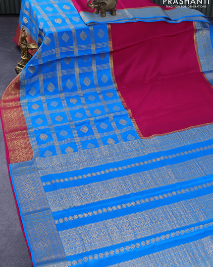 Pure mysore silk saree magenta pink and cs blue with half & half style and zari woven border