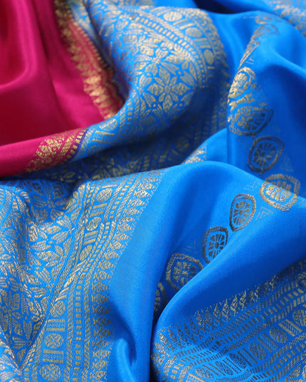 Pure mysore silk saree magenta pink and cs blue with half & half style and zari woven border
