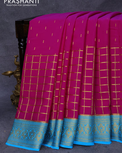 Pure mysore silk saree magenta pink and light blue with allover zari woven buttas and zari woven checked border