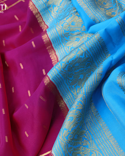 Pure mysore silk saree magenta pink and light blue with allover zari woven buttas and zari woven checked border