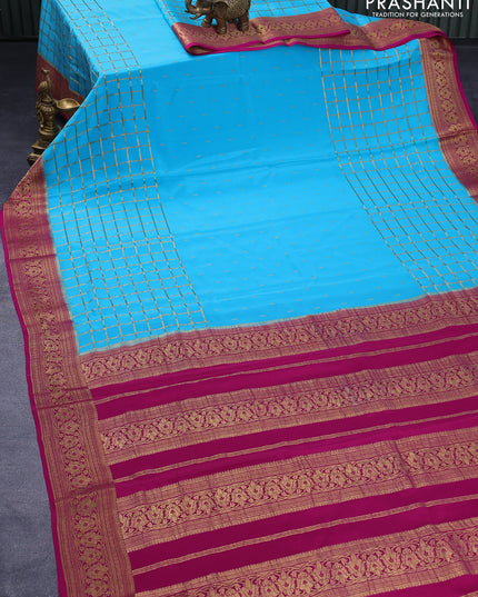 Pure mysore silk saree teal blue and magenta pink with allover zari woven buttas and zari woven checked border