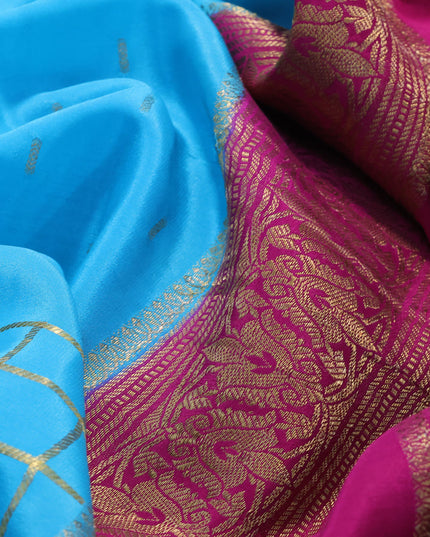 Pure mysore silk saree teal blue and magenta pink with allover zari woven buttas and zari woven checked border