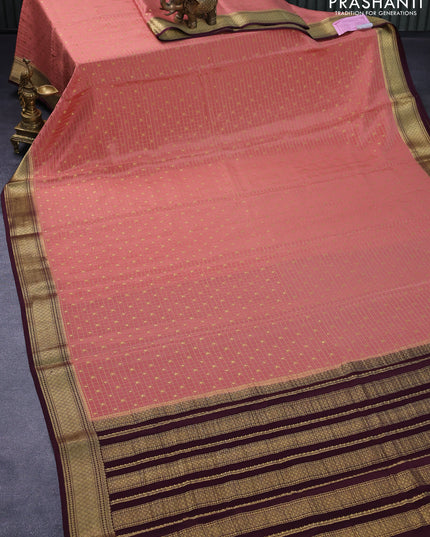 Pure mysore silk saree pastel peach and deep maroon with allover zari checks & buttas and zari woven border