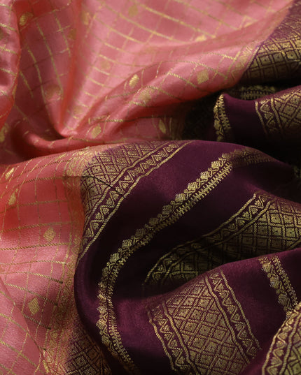 Pure mysore silk saree pastel peach and deep maroon with allover zari checks & buttas and zari woven border