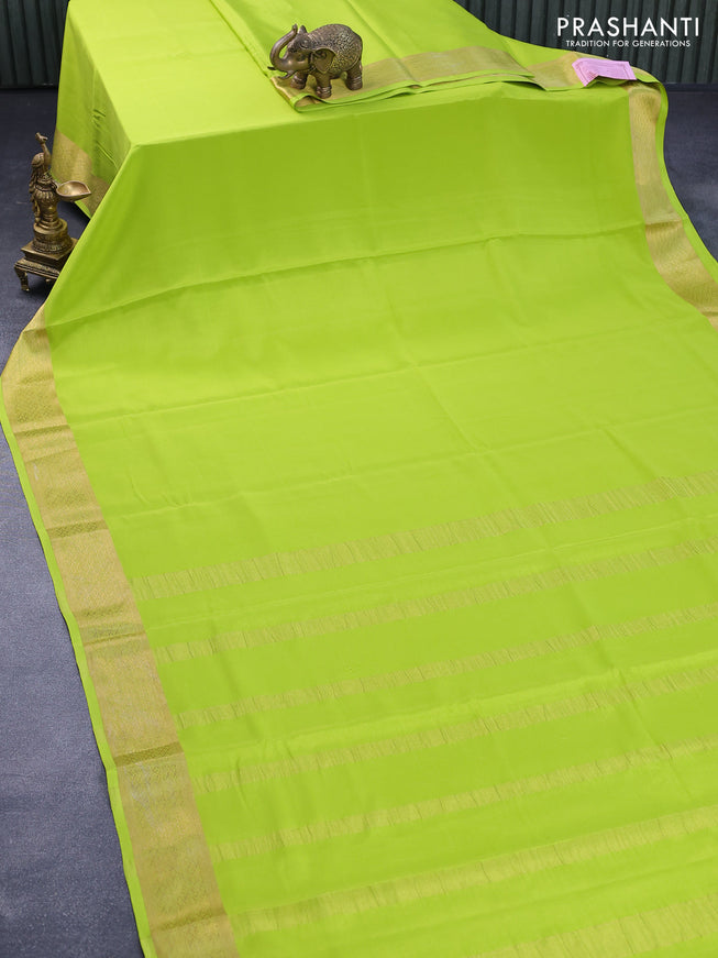 Pure mysore silk saree fluorescent green with plain body and zari woven border